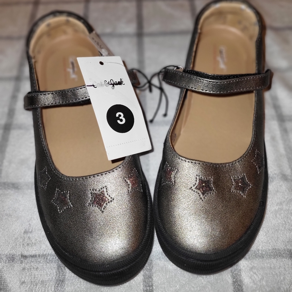 Girls (New with Tags) Cat and Jack Pewter Mary Janes with Star Embellishments